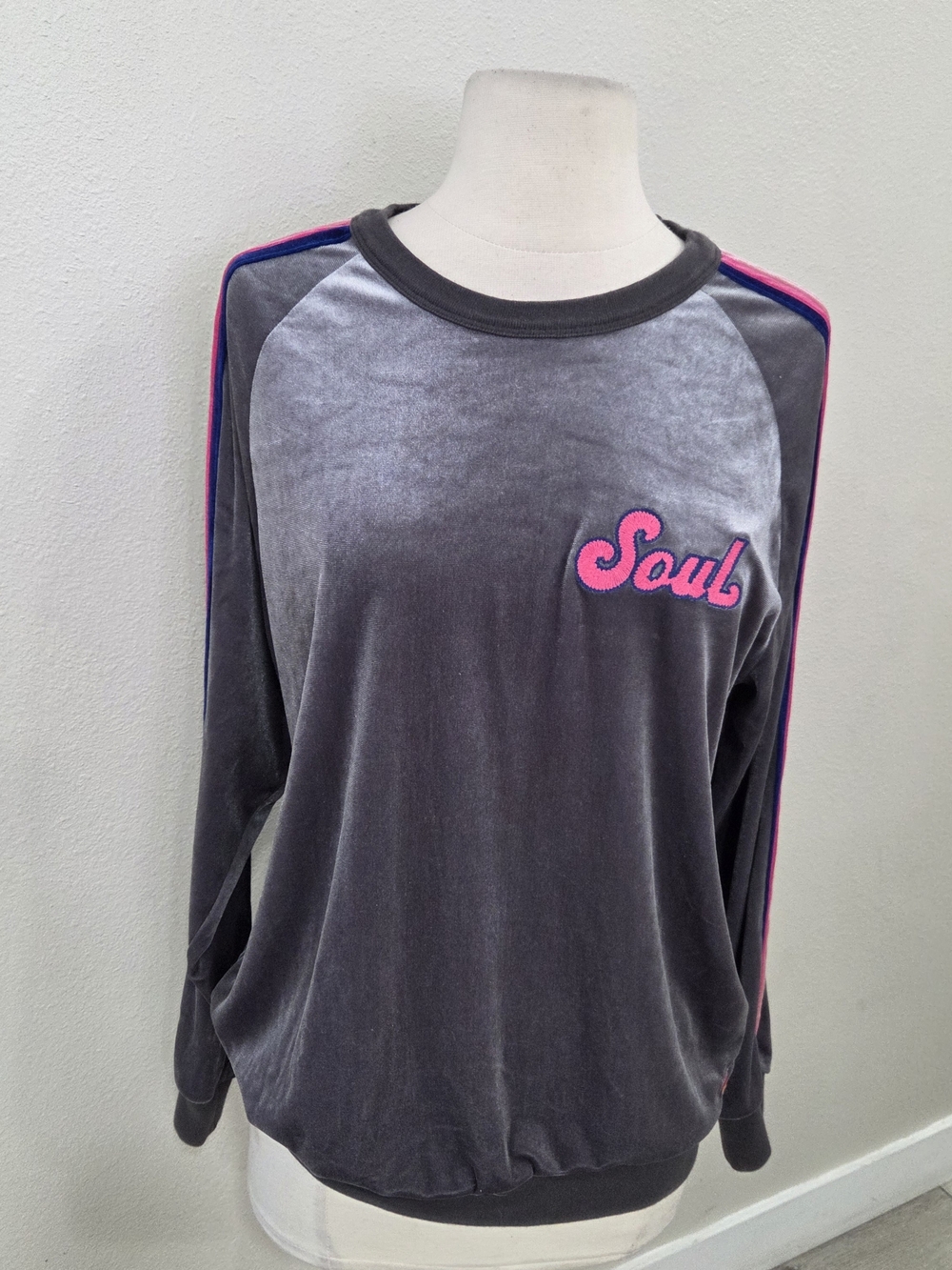 Gray Velvet 'Soul' Crewneck Sweatshirt with Pink & Blue Trim